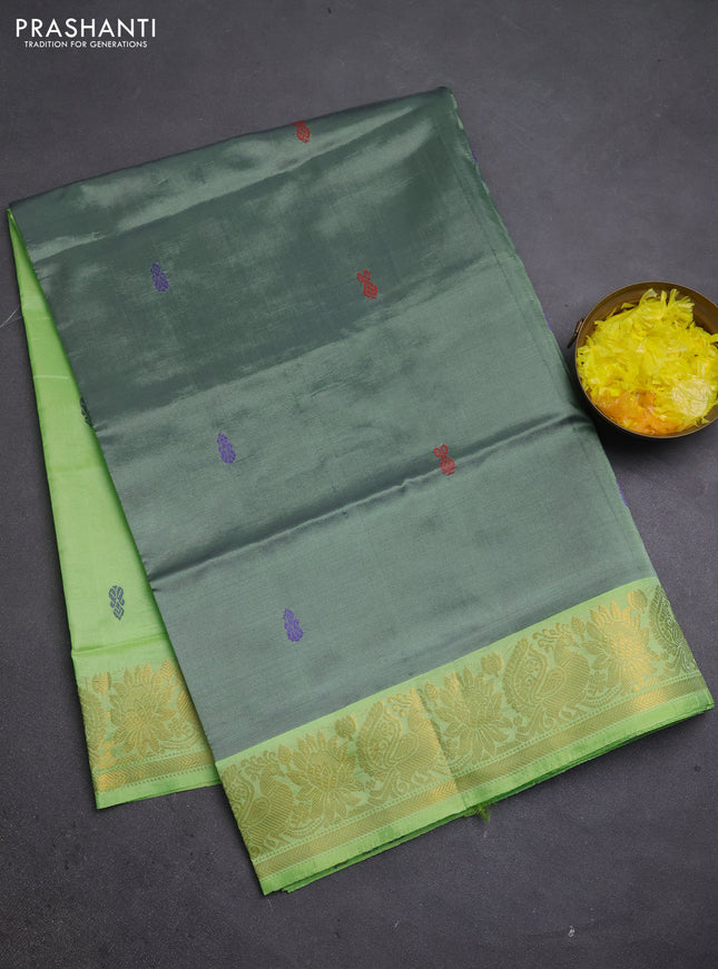 Banana pith saree grey and fluorescent green with thread woven buttas and zari woven border