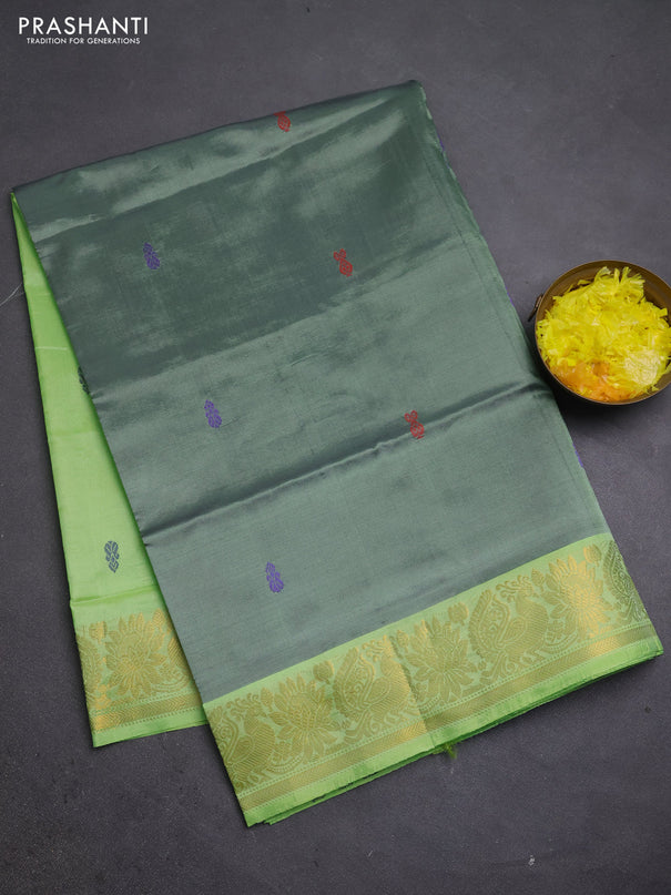 Banana pith saree grey and fluorescent green with thread woven buttas and zari woven border