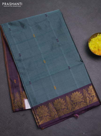 Banana pith saree pastel green and violet with thread woven buttas and zari woven border
