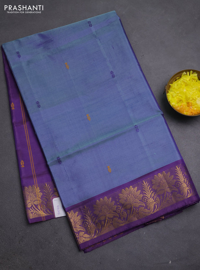 Banana pith saree blue shade and violet with thread woven buttas and zari woven border