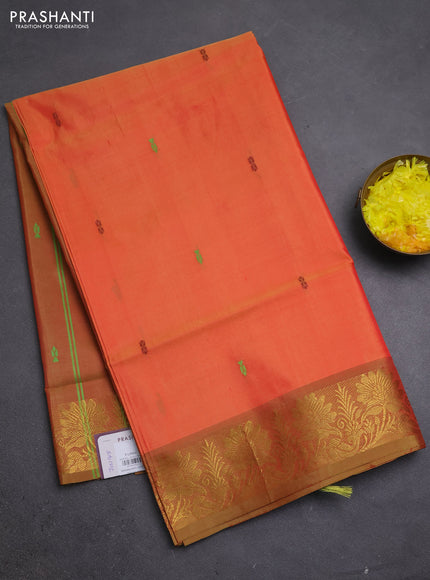 Banana pith saree sunset orange and dual shade of rust with thread woven buttas and zari woven border