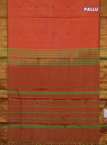 Banana pith saree sunset orange and dual shade of rust with thread woven buttas and zari woven border
