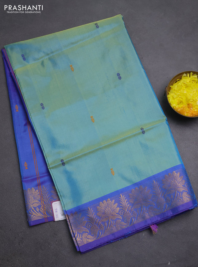 Banana pith saree dual shade of teal green and dual shade of purple with thread woven buttas and zari woven border