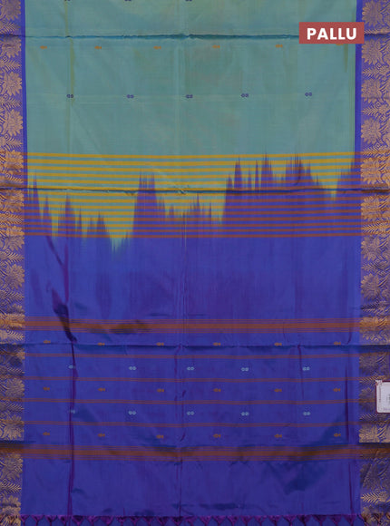 Banana pith saree dual shade of teal green and dual shade of purple with thread woven buttas and zari woven border