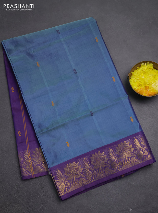 Banana pith saree blue shade and violet with thread woven buttas and zari woven border