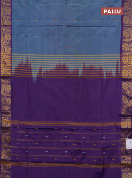 Banana pith saree blue shade and violet with thread woven buttas and zari woven border