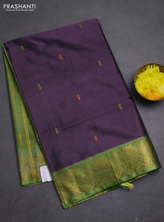 Banana pith saree deep purple and green with thread woven buttas and zari woven border
