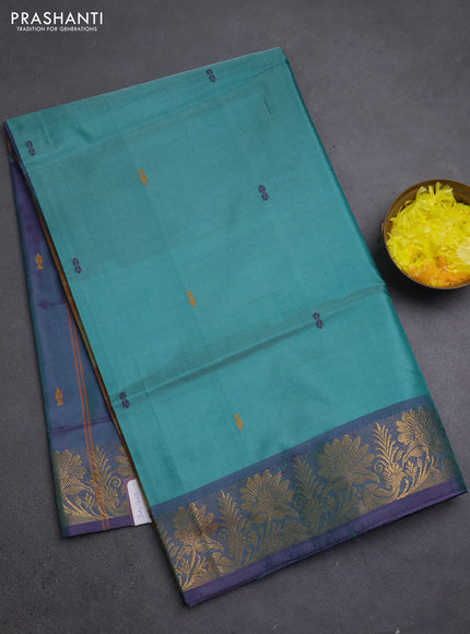 Banana pith saree teal green and dual shade of peacock green with thread woven buttas and zari woven border