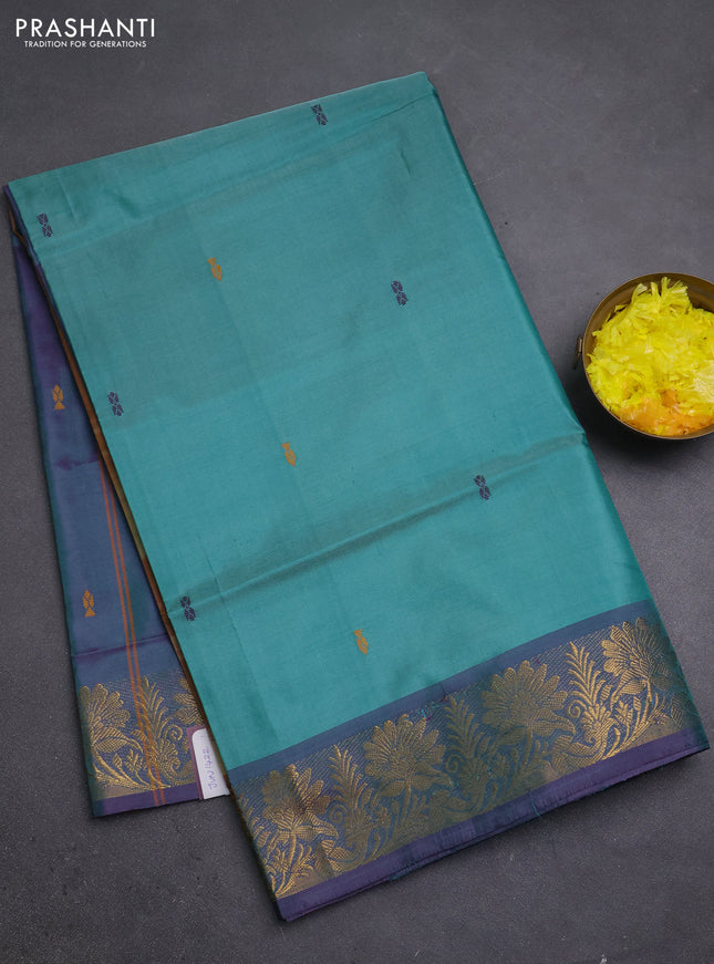 Banana pith saree teal green and dual shade of peacock green with thread woven buttas and zari woven border