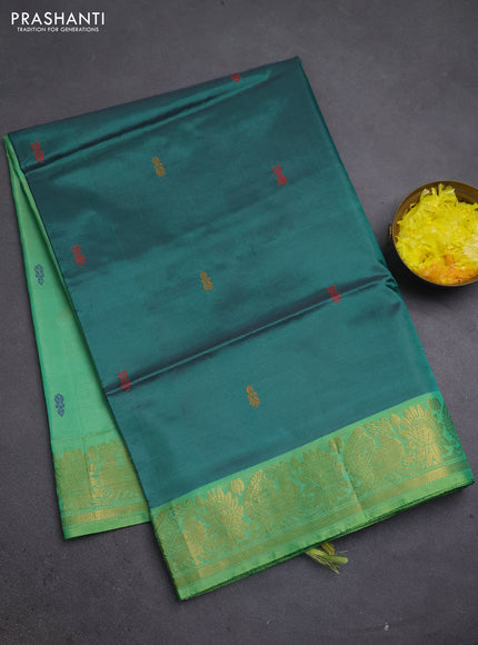 Banana pith saree peacock green and green with thread woven buttas and zari woven border