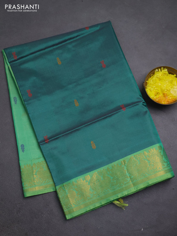 Banana pith saree peacock green and green with thread woven buttas and zari woven border