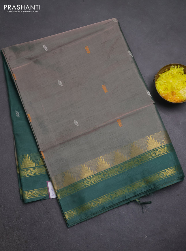 Banana pith saree dual shade of green and green with thread woven buttas and temple design rettapet zari woven border