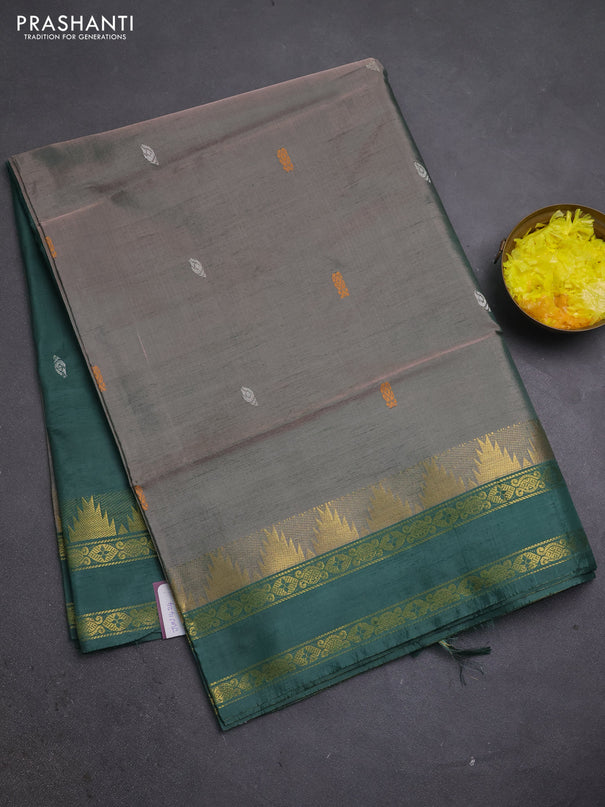 Banana pith saree dual shade of green and green with thread woven buttas and temple design rettapet zari woven border