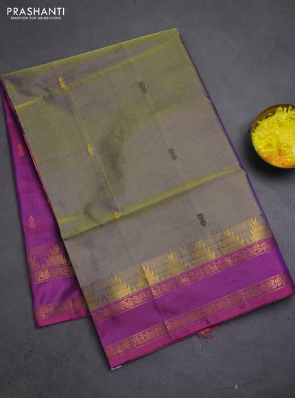 Banana pith saree dual shade of green and pink with thread woven buttas and temple design rettapet zari woven border