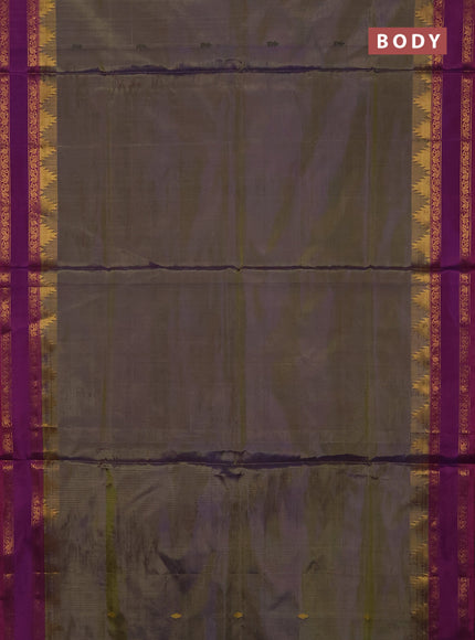 Banana pith saree dual shade of green and pink with thread woven buttas and temple design rettapet zari woven border