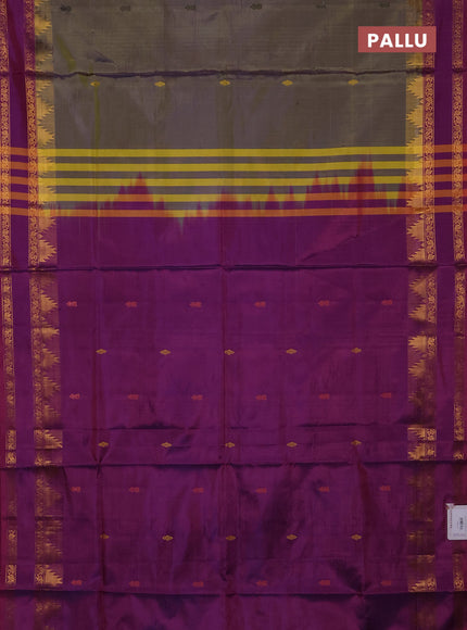 Banana pith saree dual shade of green and pink with thread woven buttas and temple design rettapet zari woven border