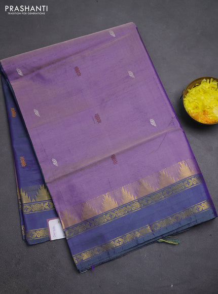 Banana pith saree lavender and dual shade of greenish violet with thread woven buttas and temple design rettapet zari woven border
