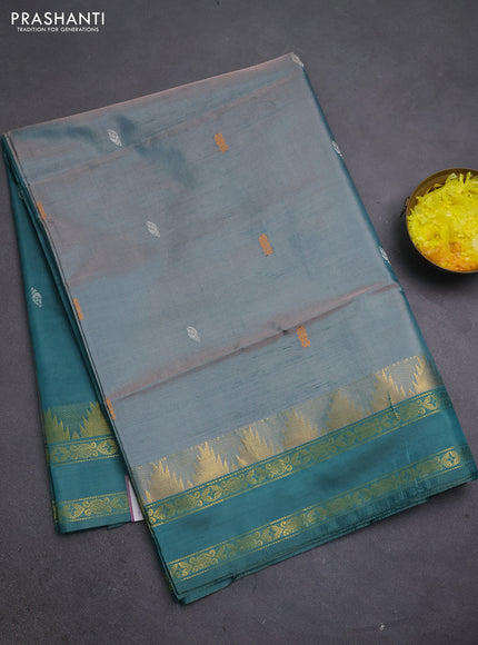 Banana pith saree dual shade of green and gree shade with thread woven buttas and temple design rettapet zari woven border