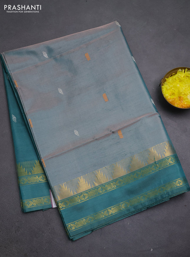 Banana pith saree dual shade of green and gree shade with thread woven buttas and temple design rettapet zari woven border