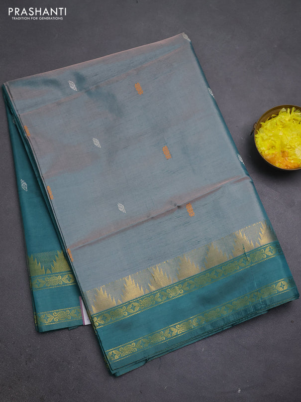 Banana pith saree dual shade of green and gree shade with thread woven buttas and temple design rettapet zari woven border