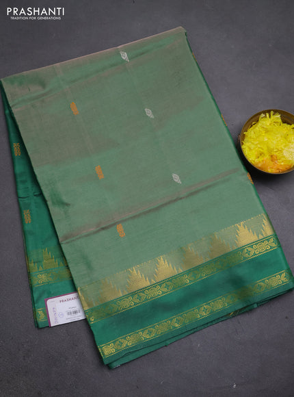 Banana pith saree dual shade of green and green with thread woven buttas and temple design rettapet zari woven border