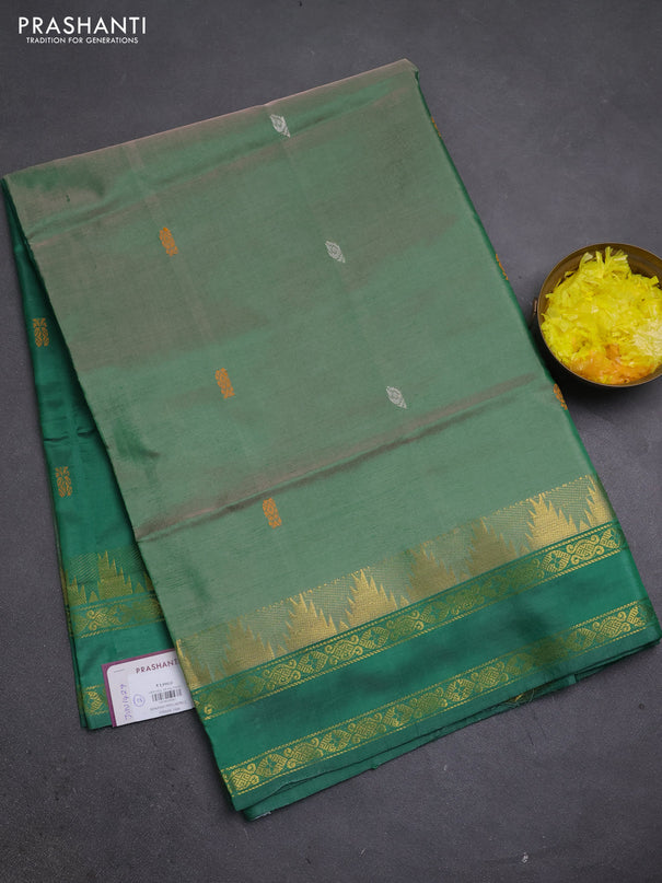 Banana pith saree dual shade of green and green with thread woven buttas and temple design rettapet zari woven border