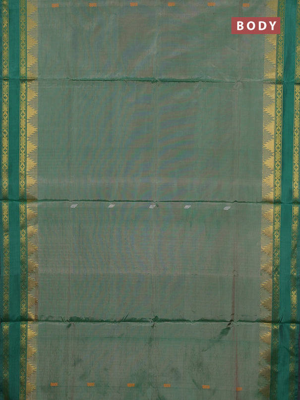 Banana pith saree dual shade of green and green with thread woven buttas and temple design rettapet zari woven border
