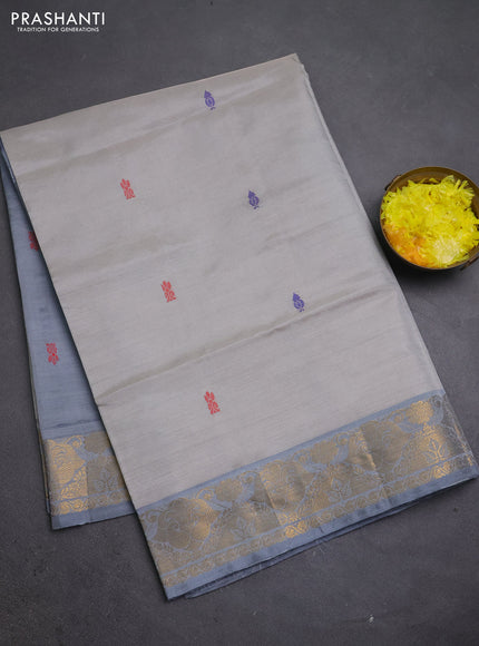 Banana pith saree beige and grey with thread woven buttas and zari woven buttas