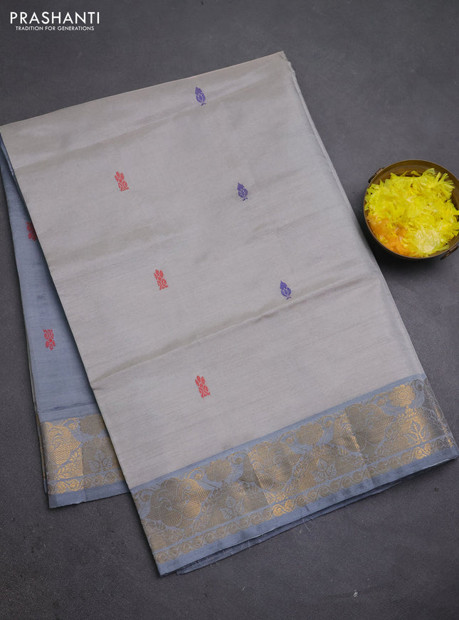 Banana pith saree beige and grey with thread woven buttas and zari woven buttas