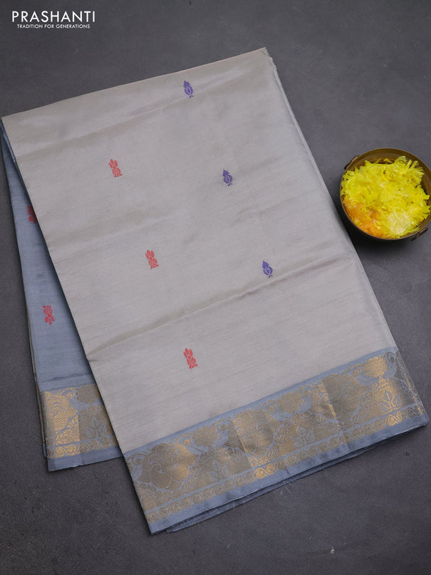 Banana pith saree beige and grey with thread woven buttas and zari woven buttas