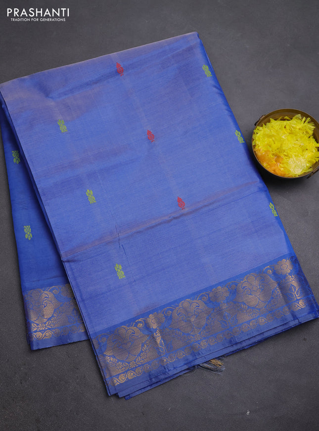 Banana pith saree blue with thread woven buttas and zari woven buttas