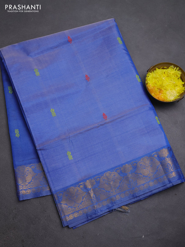 Banana pith saree blue with thread woven buttas and zari woven buttas