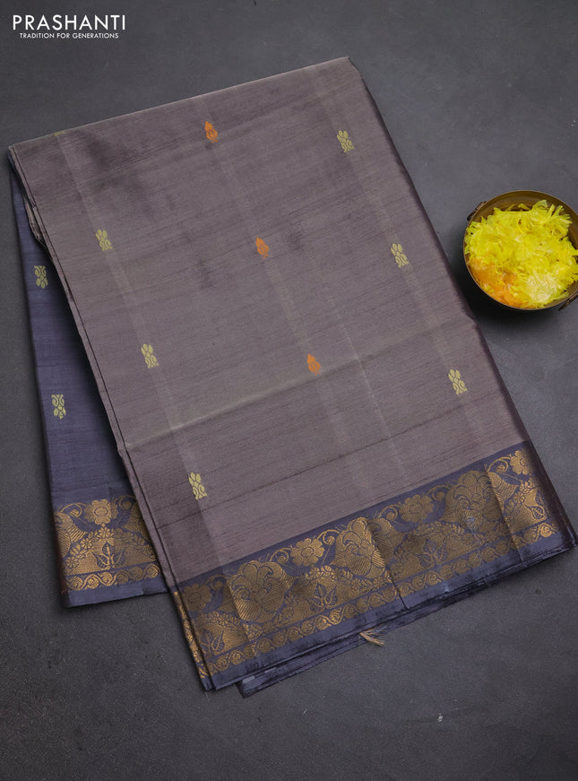Banana pith saree grey with thread woven buttas and zari woven buttas