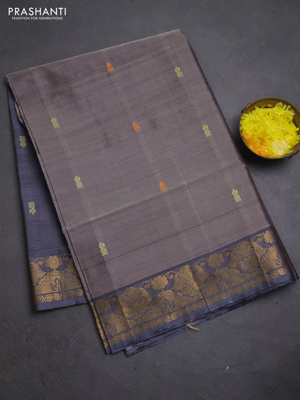 Banana pith saree grey with thread woven buttas and zari woven buttas