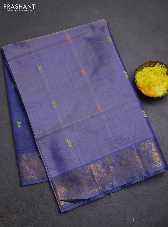 Banana pith saree blue with thread woven buttas and zari woven buttas