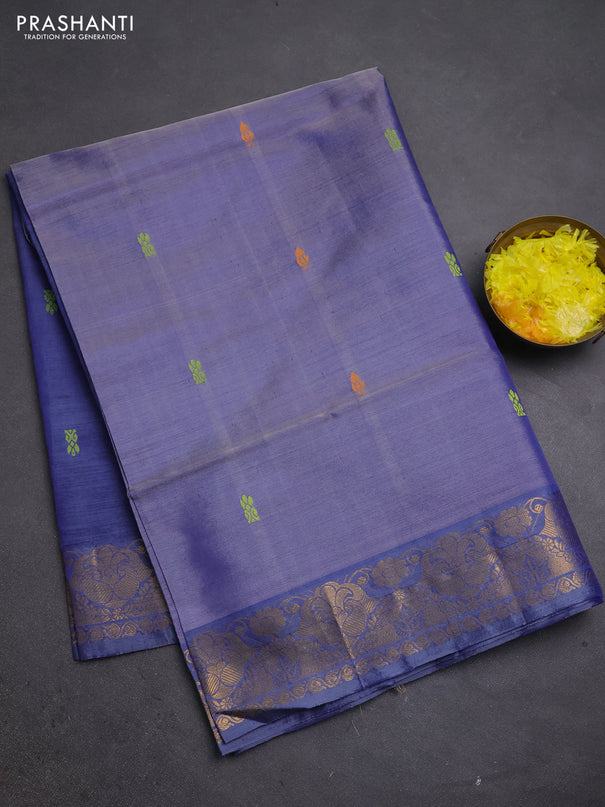 Banana pith saree blue with thread woven buttas and zari woven buttas