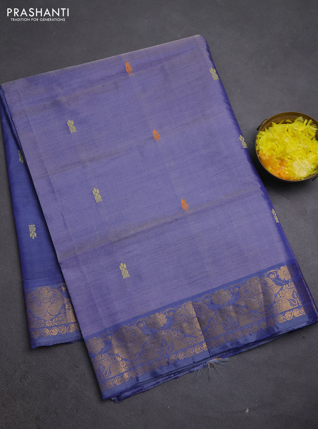 Banana pith saree dual shade of blue and blue with thread woven buttas and zari woven buttas