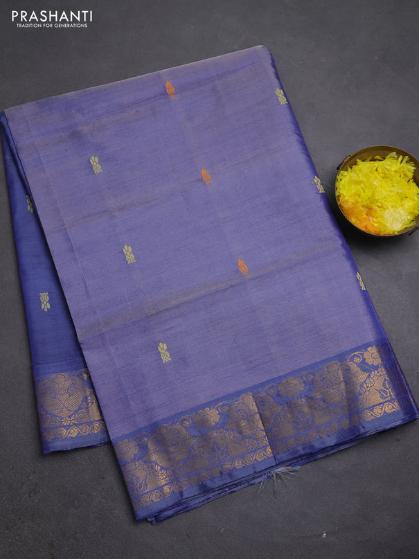 Banana pith saree dual shade of blue and blue with thread woven buttas and zari woven buttas