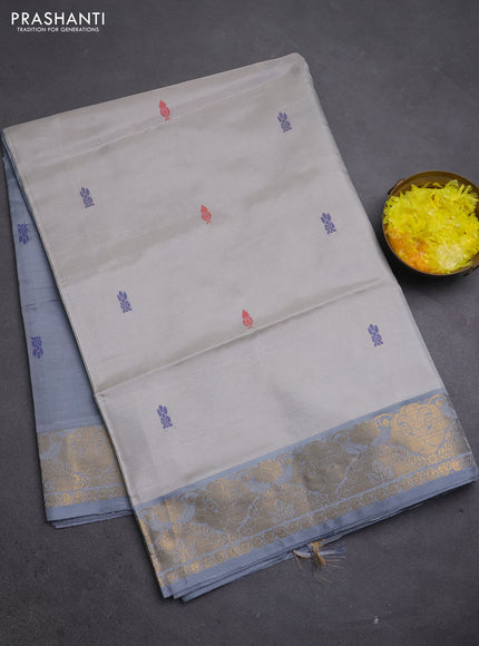 Banana pith saree beige and grey with thread woven buttas and zari woven buttas