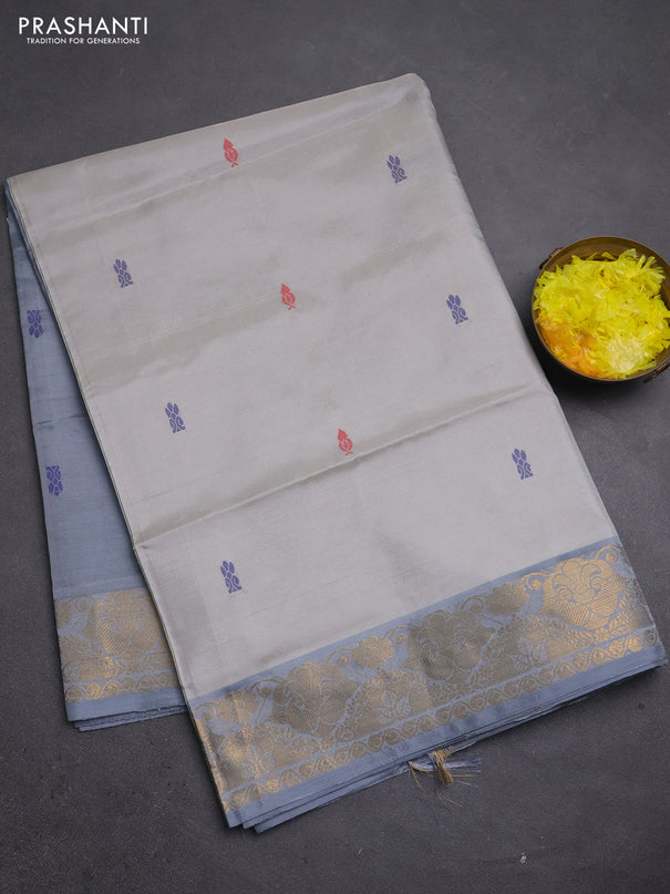 Banana pith saree beige and grey with thread woven buttas and zari woven buttas