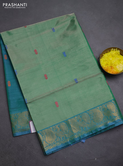 Banana pith saree pastel green and peacock green with thread woven buttas and zari woven buttas