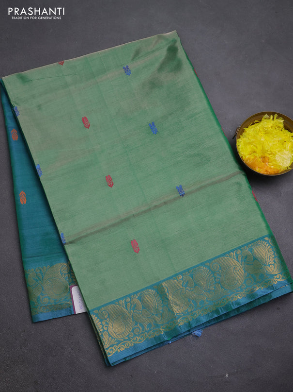 Banana pith saree pastel green and peacock green with thread woven buttas and zari woven buttas