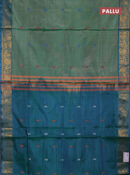 Banana pith saree pastel green and peacock green with thread woven buttas and zari woven buttas
