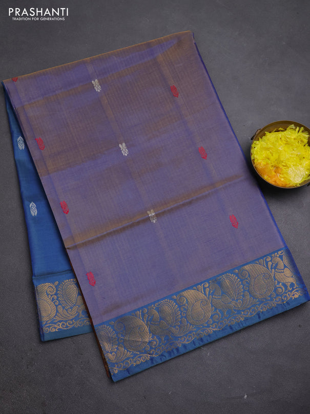Banana pith saree dual shade of blue and peacock blue with thread woven buttas and zari woven buttas