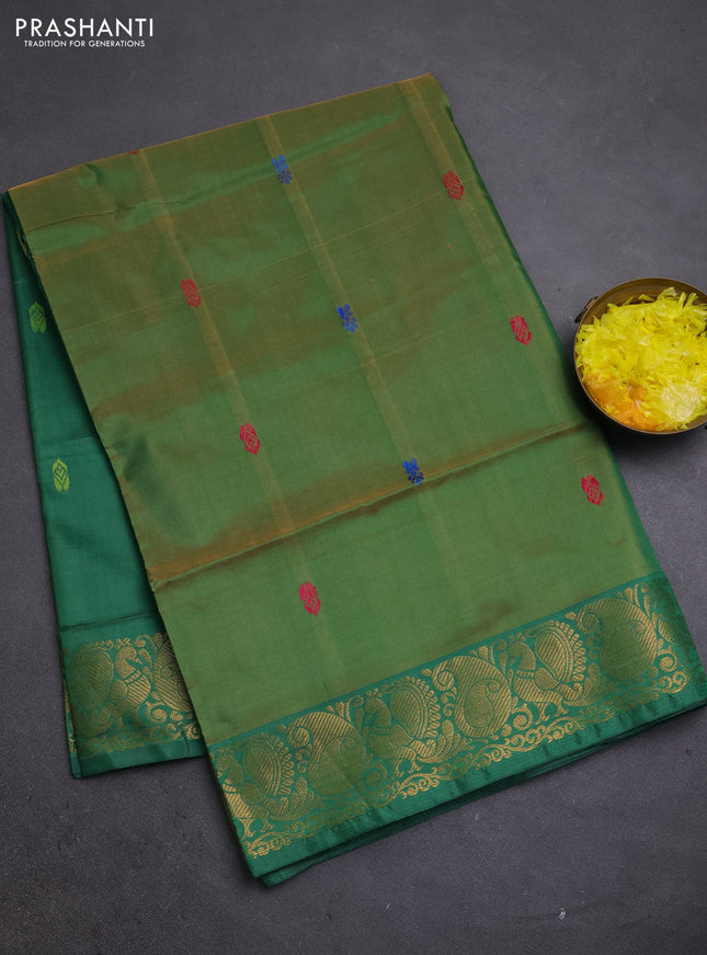 Banana pith saree light green and green with thread woven buttas and zari woven buttas