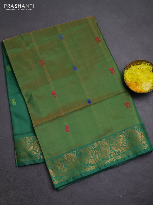 Banana pith saree light green and green with thread woven buttas and zari woven buttas
