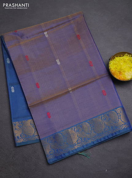 Banana pith saree dual shade of blue and blue with thread woven buttas and zari woven buttas