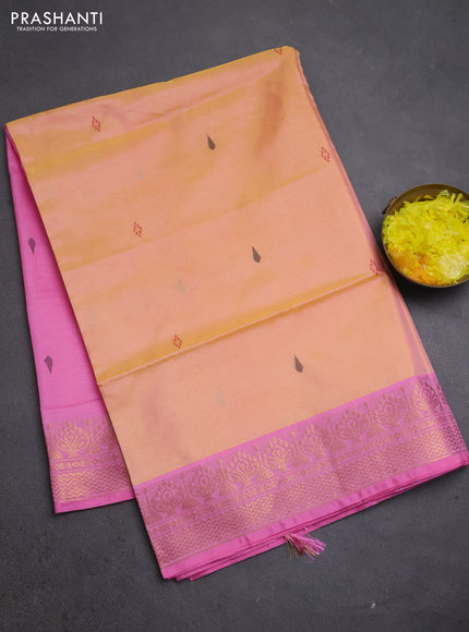 Banana pith saree pale yellow and pink with thread woven buttas and zari woven buttas