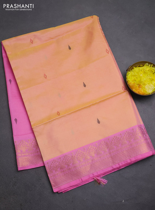 Banana pith saree pale yellow and pink with thread woven buttas and zari woven buttas