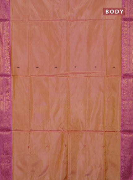 Banana pith saree pale yellow and pink with thread woven buttas and zari woven buttas